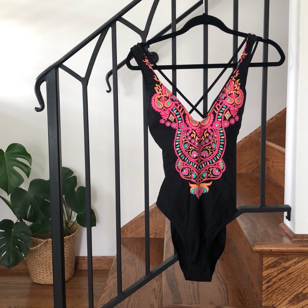 Black V-Neck One Piece Swimsuit with Beautiful Embellishments